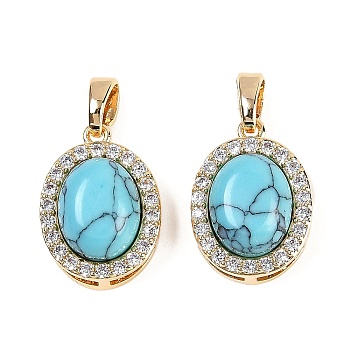 Synthetic Turquoise(Dyed) Oval Pendants, Brass Clear Cubic Zirconia Charms, Real 18K Gold Plated, 16x11.5x7.5mm, Hole: 4x2mm