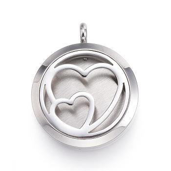 316 Surgical Stainless Steel Diffuser Locket Pendants, with Perfume Pad and Magnetic Clasps, Flat Round with Heart, Stainless Steel Color, 36.5~37x30x6~6.5mm, Hole: 5mm, Inner Diameter: 23mm, 12Color/Set