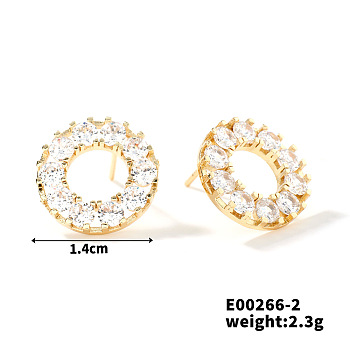 Copper Geometric Hollow Circle Stud Earrings Women Simple Zirconia Fashion Ear Jewelry, Golden, 14mm