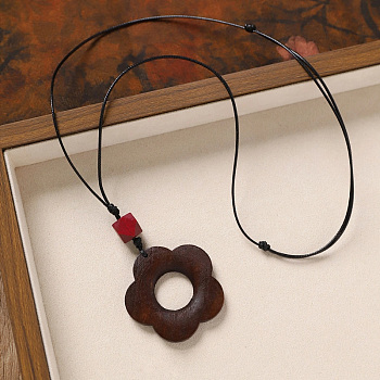 Wood Pendant Black Wax Cord Long Necklaces for Women, Flower, 31.50 inch(80cm), pendant: 75x50mm