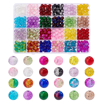 PandaHall Elite 600Pcs 24 Colors Transparent Crackle Glass Beads, Round, Mixed Color, 8mm, Hole: 1.3~1.6mm, about 25Pcs/color