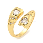Brass Micro Pave Clear Cubic Zirconia Heart Open Cuff Rings for Women, Cadmium Free & Lead Free, Real 16K Gold Plated, Inner Diameter: 18mm(RJEW-L121-040G)