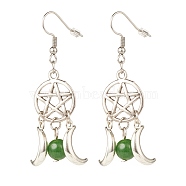Woven Net with Natural Malaysia Jade Dangle Earrings, Alloy Moon and Star Earrings for Women, 58mm, Pin: 0.7mm(EJEW-JE04945-01)