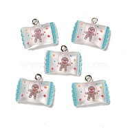 Christmas Theme Transparent Resin Pendants, with Platinum Tone Iron Loops, Candy Bag Charm with Gingerbread Man Charm Pattern, Medium Turquoise, 17x20.5x5mm, Hole: 2mm(RESI-E022-01P-04)