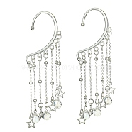 Brass Star & Glass Teardrop Tassel Earrings, Alloy Cuff Earrings, Climber Wrap Around Earrings for Women, Platinum, 116x35mm(EJEW-JE05517)