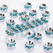 Brass Rhinestone Spacer Beads, Grade A, Rondelle, Silver Color Plated, Aquamarine, 7x3.3mm(RB-A020-7mm-03S)