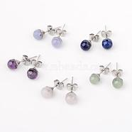 304 Stainless Steel Stud Earring Findings, with Round Natural Rose Quartz/Lapis Lazuli/Quartz/Green Aventurine/Amethyst with Hole, 20mm, Pin: 0.6mm(EJEW-JE02067)