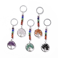 Gemstone Chakra Keychain, with Alloy Key Rings and Brass Pendants, Ring with Tree of Life, Platinum, 123mm(KEYC-P037-A)