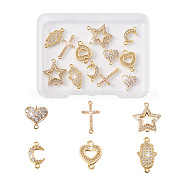 12Pcs 6 Styles Brass Micro Pave Clear Cubic Zirconia Connector Charms, Sideways Cross & Star & Hamsa Hand & Moon & Heart, Mixed Shapes, Golden, 10~17.5x7~15x1.5~2.5mm, Hole: 0.8~1.5mm, 2ps/style (KK-TA0001-14)
