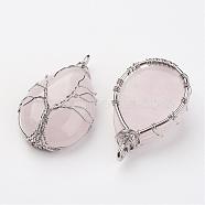 Natural Rose Quartz Pendants, Brass Wire Wrapped Pendants, Drop, Platinum, 41~46x25~27x13mm, Hole: 6~9(G-G949-02P)