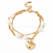 Natural Pearl Beaded and Heart Charm Multi-strand Bracelet with 304 Stainless Steel Chain for Women, Golden, 6-7/8 inch(17.4cm)(STAS-P304-27G)