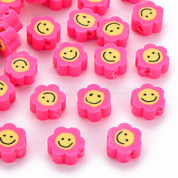 Handmade Polymer Clay Beads, Flower with Smiling Face, Deep Pink, 9~10x8~9x4~5mm, Hole: 1.4~1.6mm(X-CLAY-N011-011D)