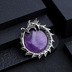 Natural Amethyst Metal Flying Dragon Wrapped Pandants, Flat Round Charms, Antique Silver, 40mm(PW-WG22555-01)