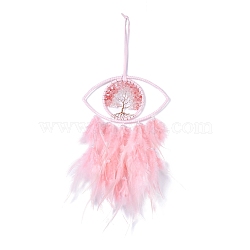 Handmade Evil Eye Woven Net/Web with Feather Wall Hanging Decoration, with Plastic Beads & Synthetic Cherry Quartz Glass Chip, for Home Offices Amulet Ornament, Pink, 490mm(HJEW-K035-08)