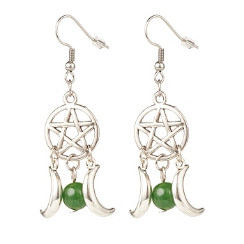 Woven Net with Natural Malaysia Jade Dangle Earrings, Alloy Moon and Star Earrings for Women, 58mm, Pin: 0.7mm
