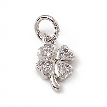 Brass Micro Pave Cubic Zirconia Charms, with Jump Ring, Clover Charm, Platinum, 11x6.5x1.5mm, Hole: 3mm