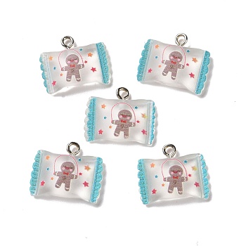 Christmas Theme Transparent Resin Pendants, with Platinum Tone Iron Loops, Candy Bag Charm with Gingerbread Man Charm Pattern, Medium Turquoise, 17x20.5x5mm, Hole: 2mm