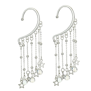 Brass Star & Glass Teardrop Tassel Earrings, Alloy Cuff Earrings, Climber Wrap Around Earrings for Women, Platinum, 116x35mm