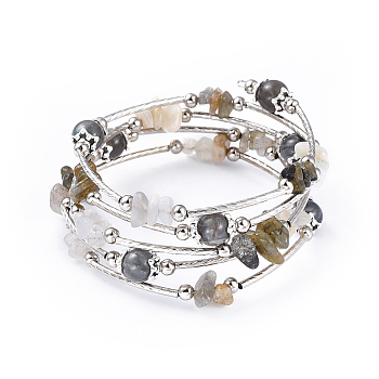 Five Loops Natural Labradorite & Moonstone Wrap Bracelets, with Brass Tube Beads, Iron Spacer Beads and Tibetan Style Alloy Bead Caps, 2-1/4 inch(5.6cm)