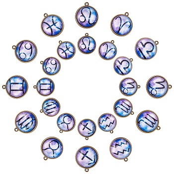 Alloy Glass Pendants, Half Round with Twelve Constellations, Lilac, 26x23x7mm, Hole: 1.8mm, 12pcs/set, 4sets/box