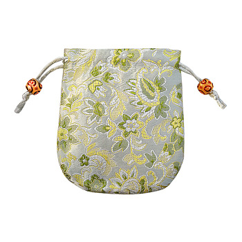 Chinese Style Flower Pattern Satin Jewelry Packing Pouches, Drawstring Gift Bags, Rectangle, Light Grey, 10.5x10.5cm