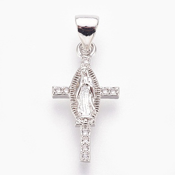 Brass Micro Pave Cubic Zirconia Pendants, Lead Free & Cadmium Free & Nickel Free, Long-Lasting Plated, Cross with Virgin Mary, Clear, Platinum, 20x10x3mm, Hole: 3x3.5mm