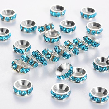 Brass Rhinestone Spacer Beads, Grade A, Rondelle, Silver Color Plated, Aquamarine, 7x3.3mm