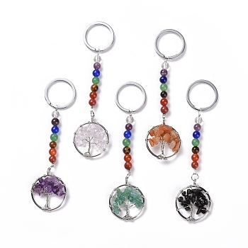 Gemstone Chakra Keychain, with Alloy Key Rings and Brass Pendants, Ring with Tree of Life, Platinum, 123mm
