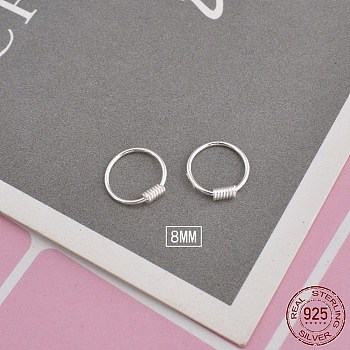 925 Sterling Silver Hoop Earrings, Round Ring, Silver, 8mm