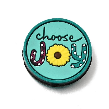 Silicone Beads, Focal Beads, Flat Round with Word Choose Joy Pattern, Medium Turquoise, 29x7.5mm, Hole: 3mm