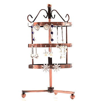 Iron Rotating 3-Tier Earring Display Stand, for Hanging Dangle Earring, 72 Holes, Red Copper, 110x110x250mm