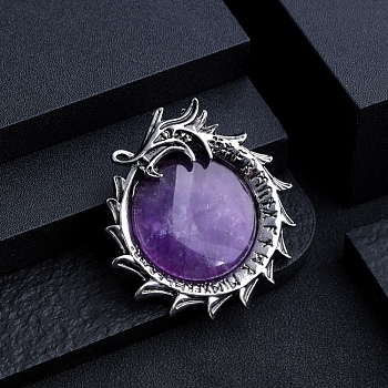 Natural Amethyst Metal Flying Dragon Wrapped Pandants, Flat Round Charms, Antique Silver, 40mm