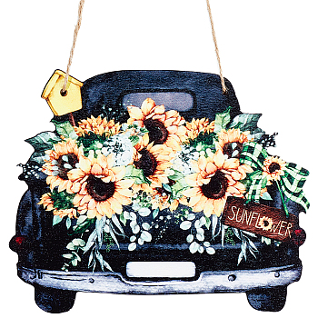 Wood Hanging Wall Decorations, with Jute Twine and Plastic Hook, Car, 161x196x4.5mm, Hole: 4mm