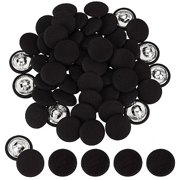 Elite 50Pcs Cloth Shank Buttons, with Zinc Alloy Finding, Flat Round, for Overcoat Garment Accessories, Black, 19x8mm, Hole: 3x3mm
