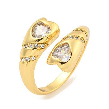 Brass Micro Pave Clear Cubic Zirconia Heart Open Cuff Rings for Women, Cadmium Free & Lead Free, Real 16K Gold Plated, Inner Diameter: 18mm