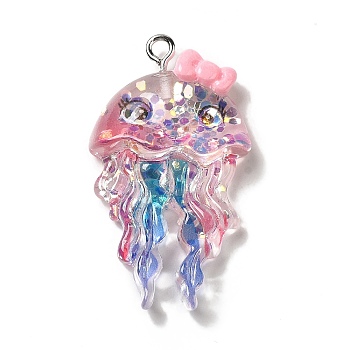 Ocean Theme Transparent Resin Pendants, Sea Animal Charms with Paillette and Platinum Tone Iron Loops, Jellyfish, 36x21x7.5mm, Hole: 2mm