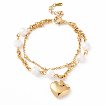 Natural Pearl Beaded and Heart Charm Multi-strand Bracelet with 304 Stainless Steel Chain for Women, Golden, 6-7/8 inch(17.4cm)