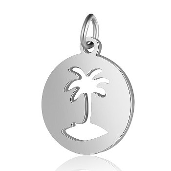 201 Stainless Steel Pendants, Flat Round with Coconut Tree, Stainless Steel Color, 16x13.5x1mm, Hole: 3mm
