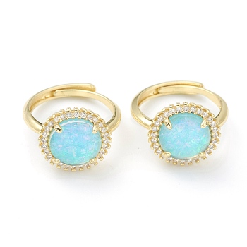 Synthetic Opal Adjustable Rings, with Brass Micro Pave Cubic Zirconia Findings, Oval, Real 18K Gold Plated, Turquoise, Inner Diameter: 17x18mm