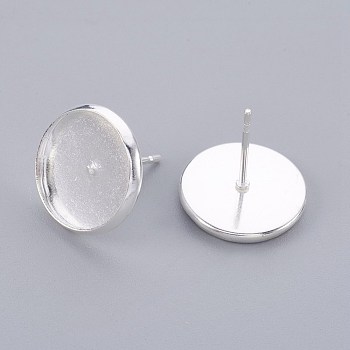 304 Stainless Steel Stud Earring Findings, Flat Round, Silver Color Plated, Tray: 12mm, 14x2mm, Pin: 0.8mm