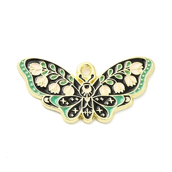 Alloy Enamel Pendants, Golden, Butterfly with Flower Charm, Medium Aquamarine, 15x30x1.5mm, Hole: 1.6mm