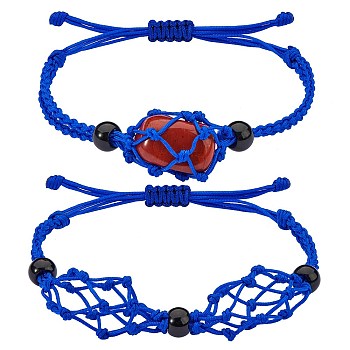 Adjustable Braided Nylon Cord Macrame Pouch Bracelet Making, with Glass Beads, Medium Blue, Inner Diameter: 1-7/8~3-1/4 inch(4.7~8.4cm), 2 styles, 1pc/style, 2pcs/set