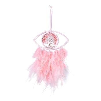 Handmade Evil Eye Woven Net/Web with Feather Wall Hanging Decoration, with Plastic Beads & Synthetic Cherry Quartz Glass Chip, for Home Offices Amulet Ornament, Pink, 490mm