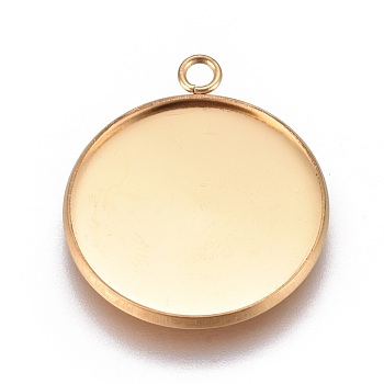 Ion Plating(IP) 304 Stainless Steel Pendant Cabochon Settings, Plain Edge Bezel Cups, Flat Round, Golden, Tray: 22mm, 27.5x23.8x2mm, Hole: 2.2mm