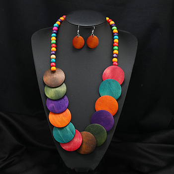 Bohemian Style Wood Beaded Multilayer Necklaces & Dangle Earrings Sets, Flat Round, Colorful, 620mm