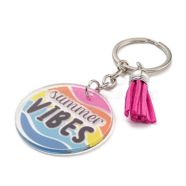 Acrylic Flat Round with Suede Tassel Pendant Keychain(KEYC-G060-01D)-2