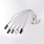 Brass Gemstone Bullet Pendant Necklaces, with 316 Surgical Stainless Steel Cable Chains and Brass Lobster Claw Clasps, Platinum, 18.1 inch(46cm)(NJEW-JN01042)