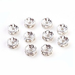 Brass Grade A Rhinestone Spacer Beads, Cadmium Free & Lead Free, Straight Flange, Rondelle, Silver, Crystal, 7x3.2mm, Hole: 1.8mm(RB-A014-Z7mm-01S)