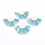 Nylon Tassel Pendants, with Brass Findings, Nickel Free, Real 18K Gold Plated, Medium Turquoise, 25~27x43~46x3mm, Hole: 1.5mm(KK-F755-28G-03-NF)