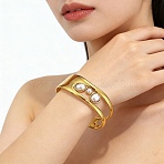 304 Stainless Steel Pave Plastic Pearl Cuff Bangles for Women, Oval, Real 18K Gold Plated, Inner Diameter: 1.81 inch(4.6cm)x2.48 inch(6.3cm)(BJEW-D465-01G)